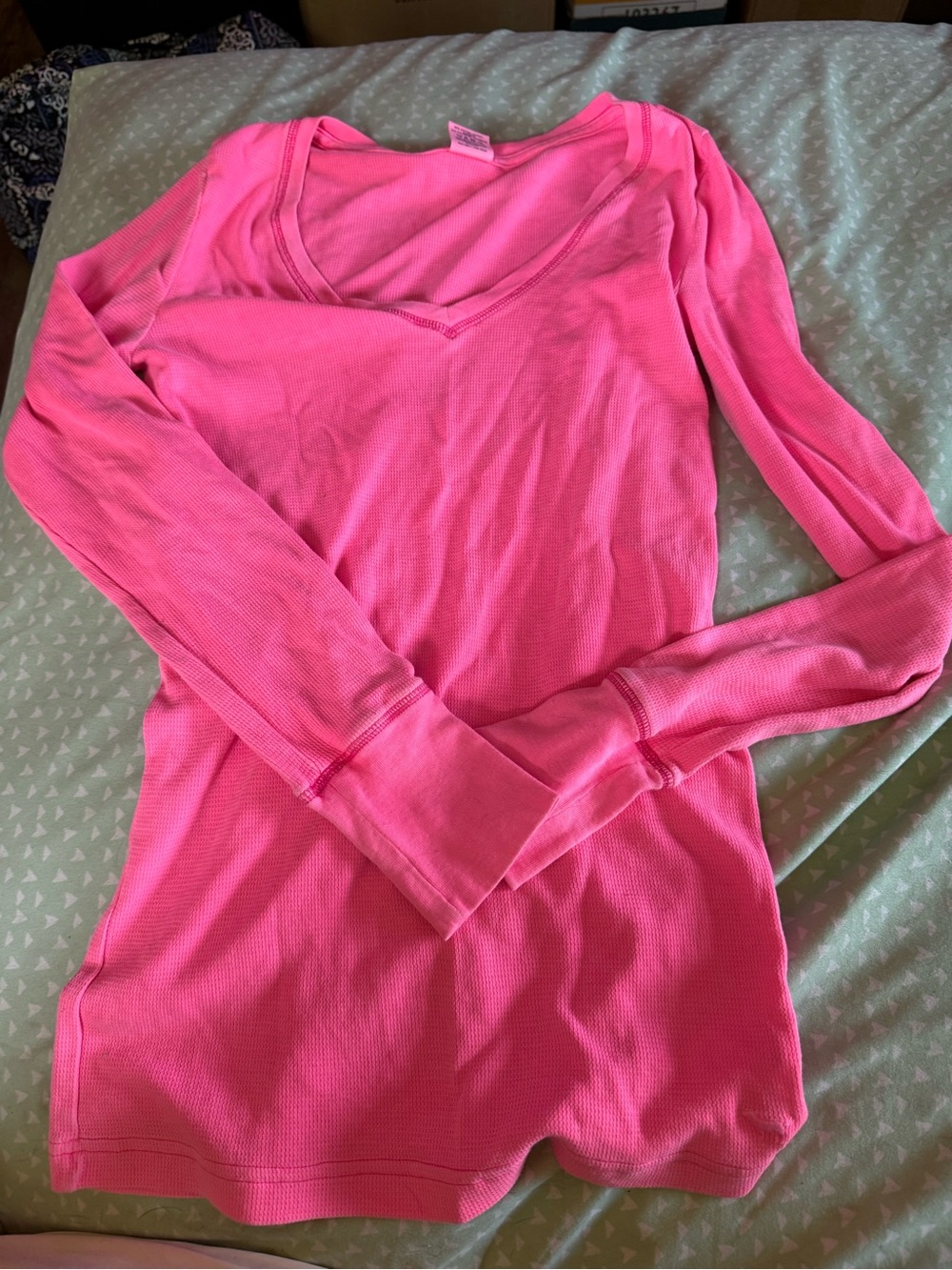 PINK Victoria's Secret Hot Pink V-Neck Waffle Thermal Long Sleeve